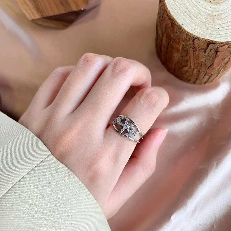 S925纯银戒指女韩版花瓣可爱小树叶双层戒指ins风镶钻星星手饰品