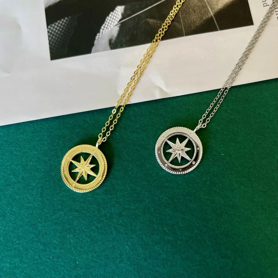 韩版S925纯银六芒星项链女ins风圆牌转轮吊坠小众轻奢圆形锁骨链