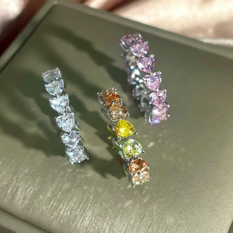 欧美S925纯银锆石戒指女满钻排戒气质百搭心形钻戒指