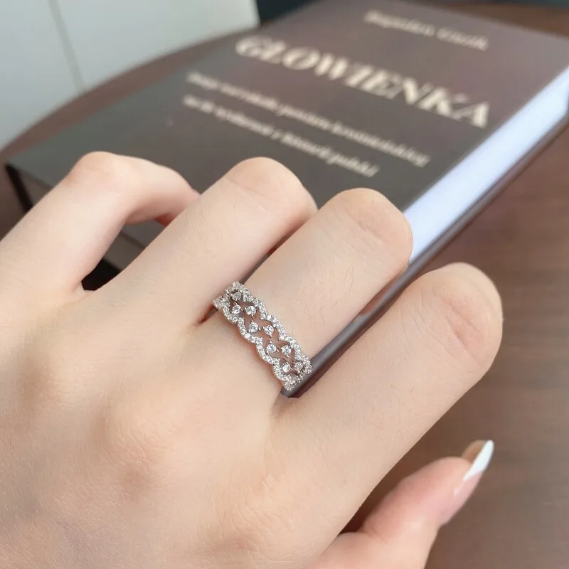 S925纯银戒指女个性简约叠戴细戒蕾丝戒指满钻排戒小众设计感指环