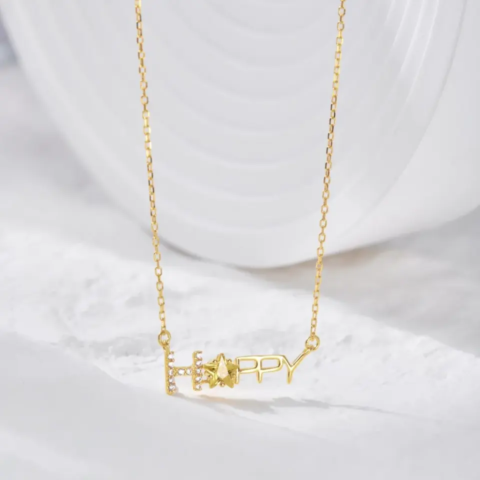 S925纯银字母项链女简约时尚百搭happy星形锁骨链项饰银饰品