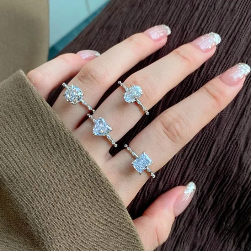 S925纯银高碳钻戒指欧美奢华仿真钻戒冰花切锆石戒指女，细节 1