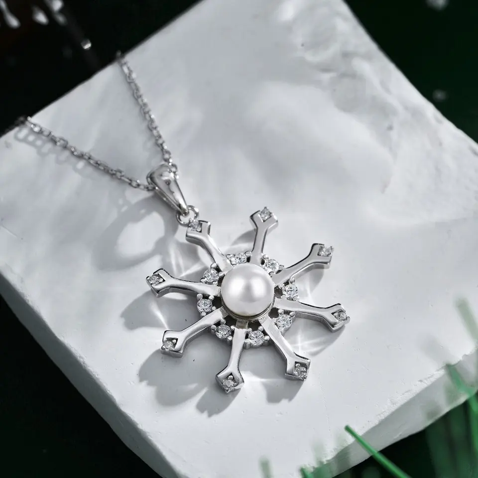 S925纯银雪花项链女时尚珍珠太阳花圣诞节原创设计锁骨链，细节 1