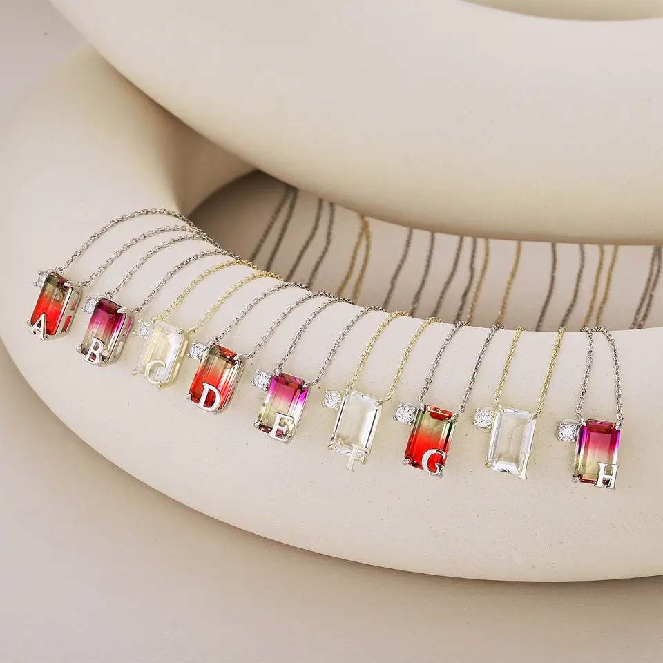 S925纯银26英文字母项链女渐变色合成锆石水晶吊坠象征性锁骨链，细节 1