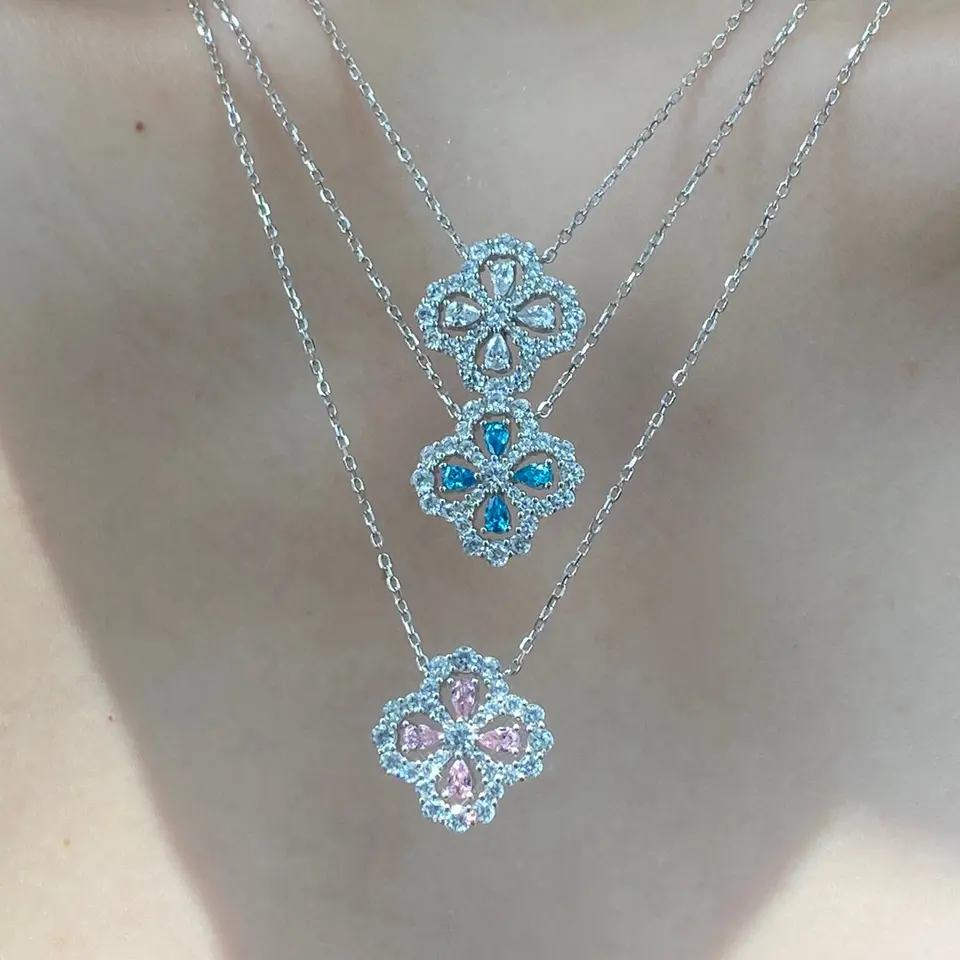 S925纯银四叶草项链女锆石满钻花朵锁骨链饰品