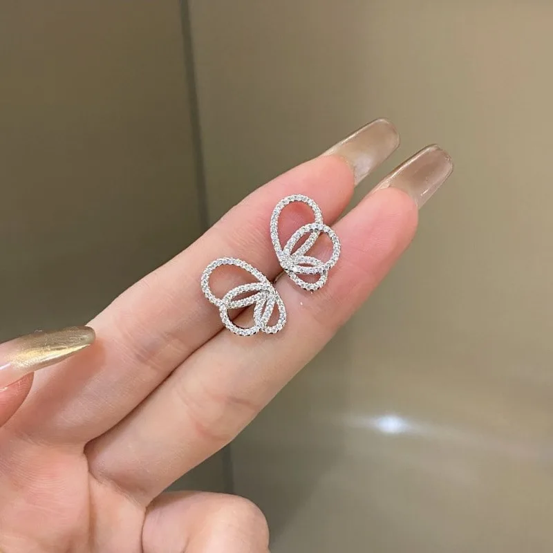 S925纯银蝴蝶耳钉女镶钻满钻耳环法式蝴蝶造型耳饰，细节 1