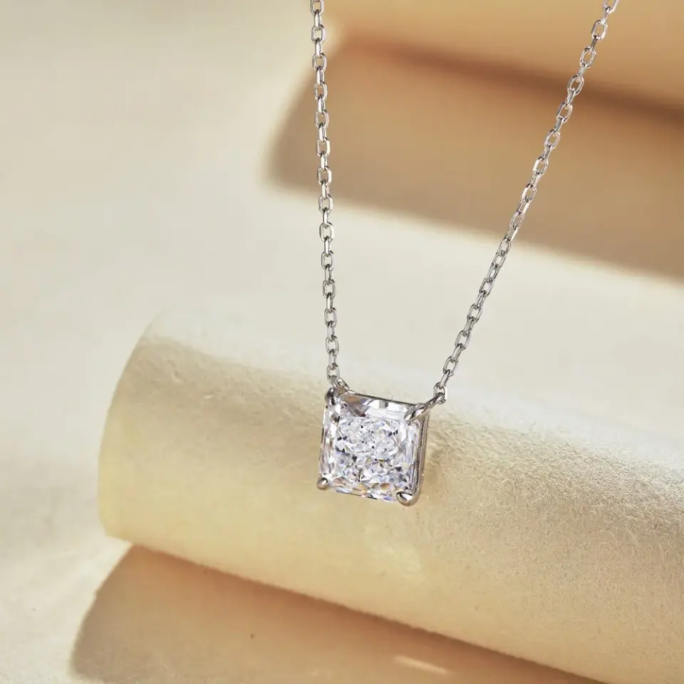 S925纯银高碳钻项链女8*8冰花切锆石简约高级感锁骨链欧美