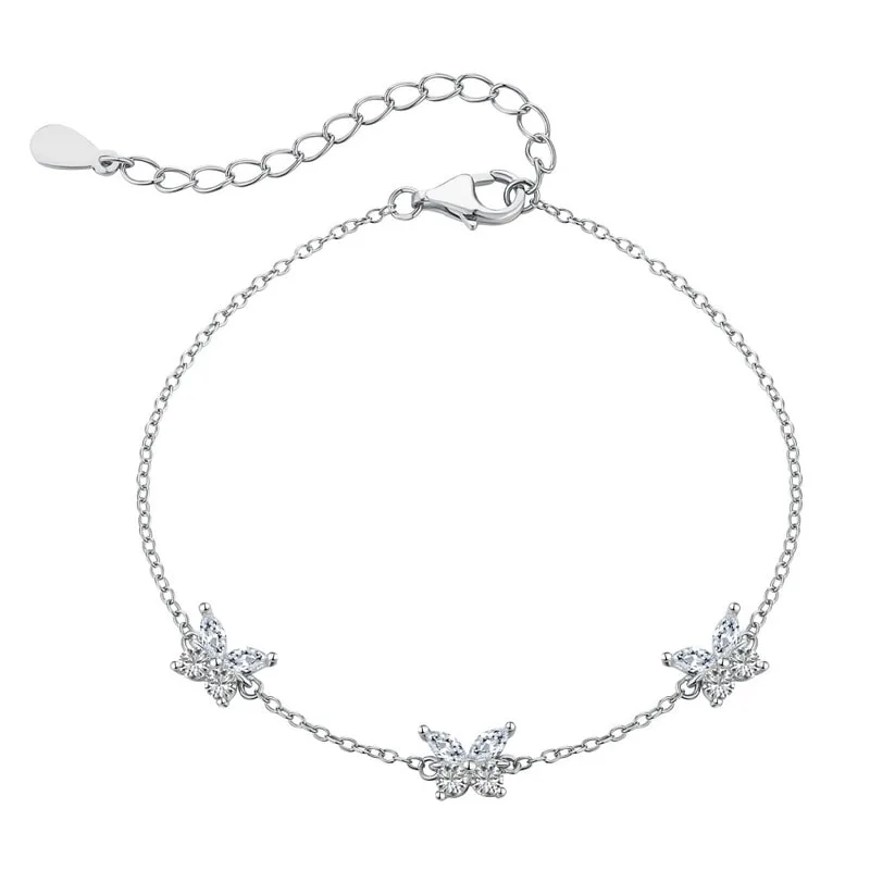 S925 sterling silver butterfly bracelet with marquise-shaped stones