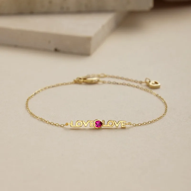 S925 sterling silver LOVE bracelet with a red corundum heart