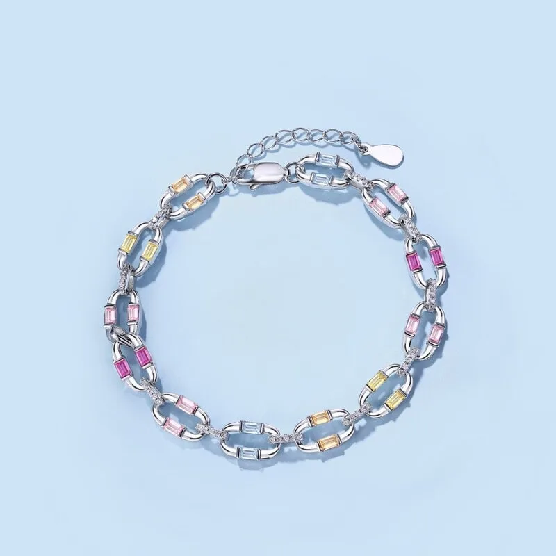 Women's S925 Sterling Silver Colored Zirconia Mariner-Link Bracelet