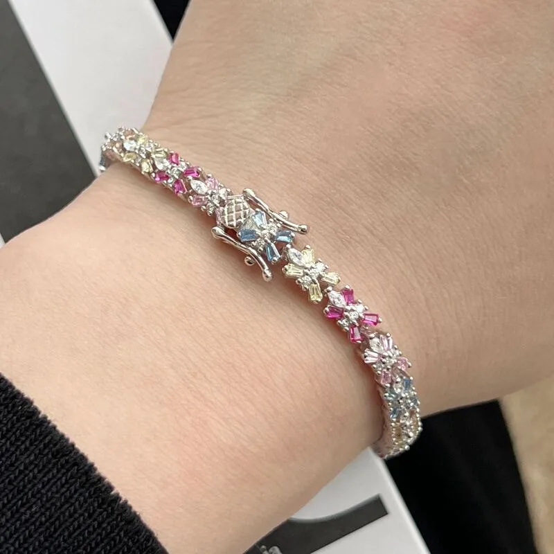 Women's S925 Sterling Silver Floral Bracelet with Trapezoid and Marquise Colored Zirconia