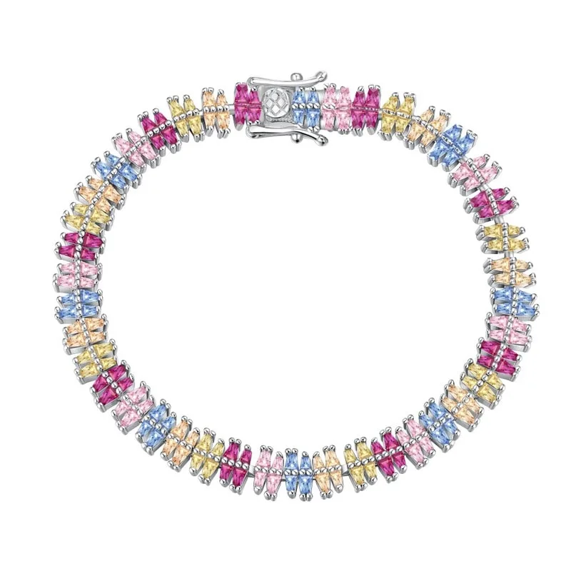 Women's S925 Sterling Silver Bracelet with Rows of Trapezoid and Marquise Colored Zirconia