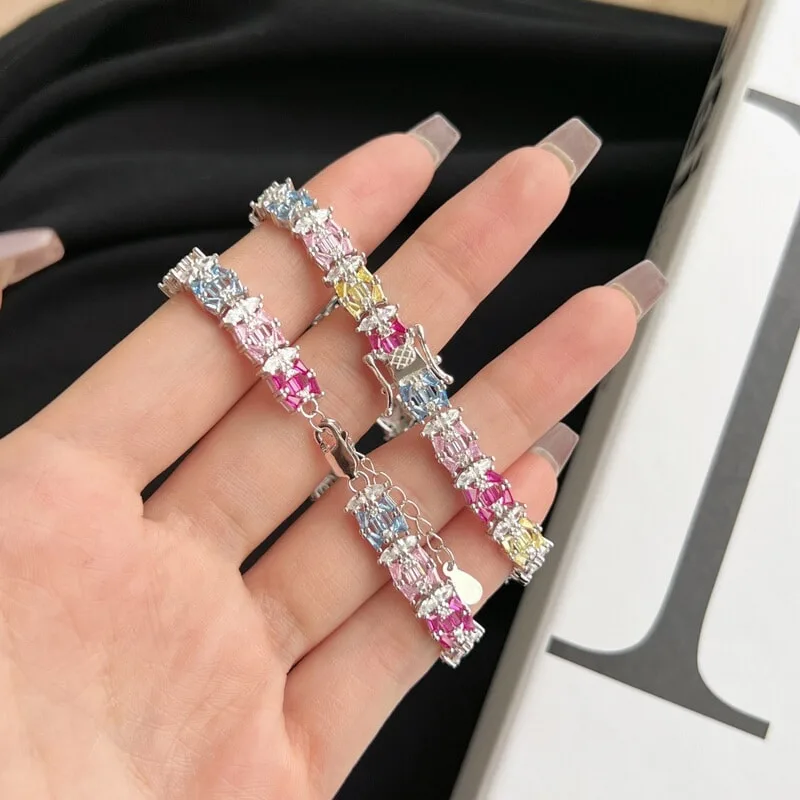 Women's S925 Sterling Silver Full-Set Colored Zirconia Bracelet with Fancy-Shaped Stones
