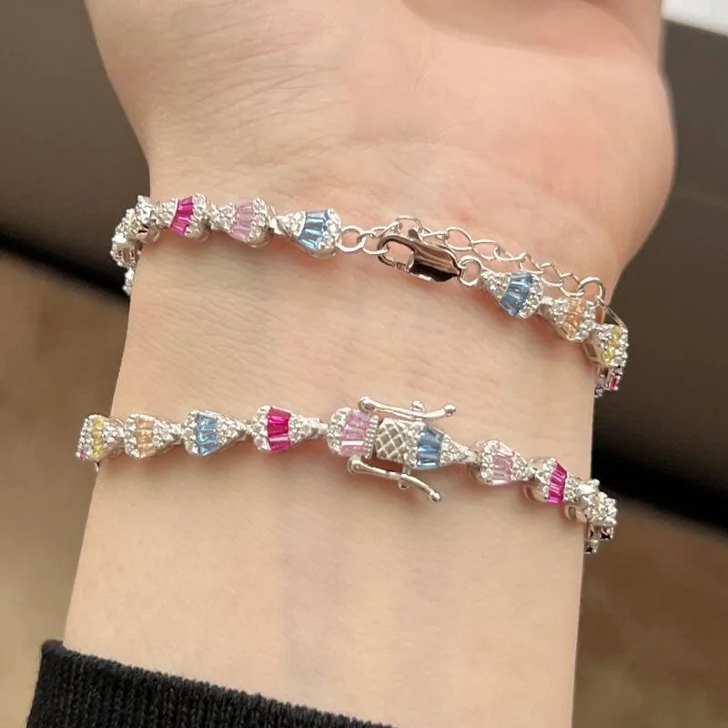 Women's S925 Sterling Silver 2023 Fan-Shaped Bracelet with Colored Step-Cut Zirconia