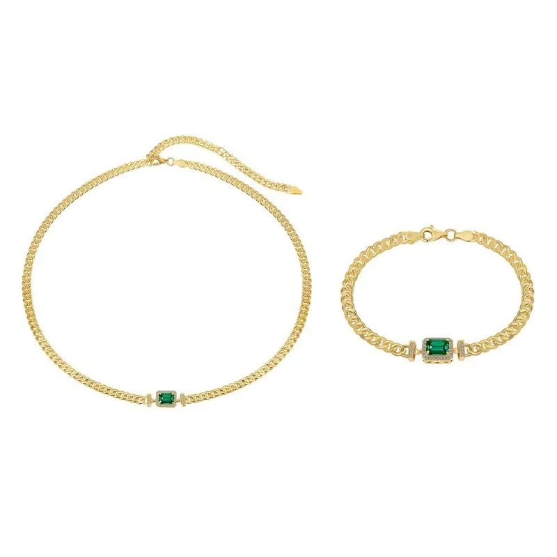 S925 Silver 18K Gold-Plated Cuban-Link Bracelet with Emerald-Green “宝塔切” Zirconia