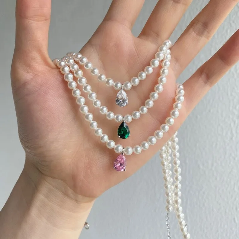S925纯银项链女梦幻芭比粉色梨形水滴锆石吊坠贝珠优雅珍珠锁骨链