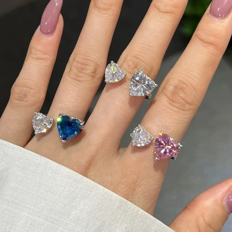 S925纯银爱心戒指女高级镶嵌8mm/10mm心形开口高碳钻戒指