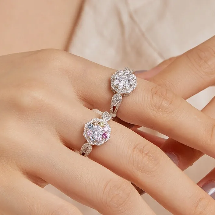 S925纯银太阳花戒指女镶嵌彩色满钻锆石花卉花朵造型设计