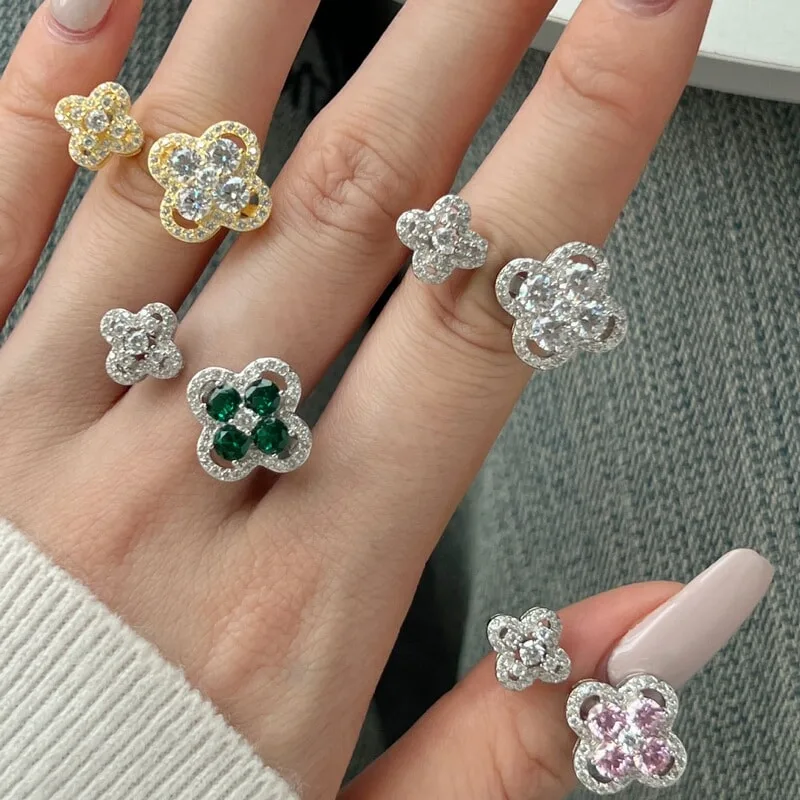 S925纯银戒指女镶嵌纳米绿钻粉钻锆石不对称四叶草设计开口戒