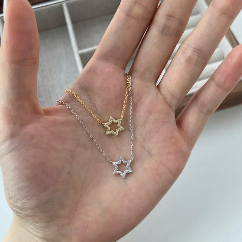 S925纯银六角星项链女微镶锆石日韩简约复古镂空锁骨链