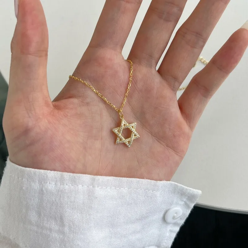 S925纯银六芒星吊坠项链女微镶锆石时尚精美个性符号锁骨链