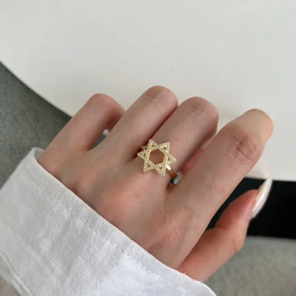 S925纯银六芒星戒指女微镶锆石日韩精致甜酷高级戒指