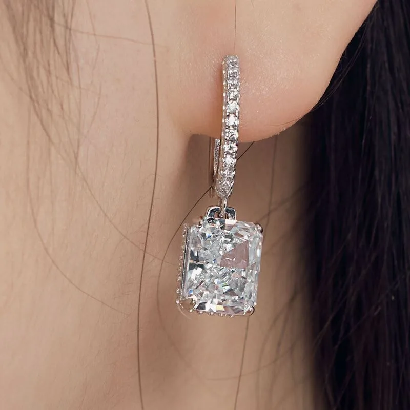 S925纯银英国扣耳钉女镶嵌长方冰花切锆石精致简约耳饰品