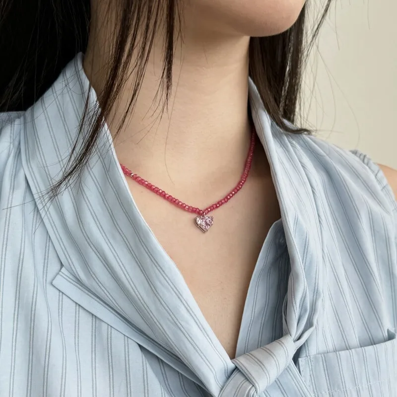 925纯银玫红合成水晶项链女镶嵌D形正方形锆石小众时尚爱心锁骨链