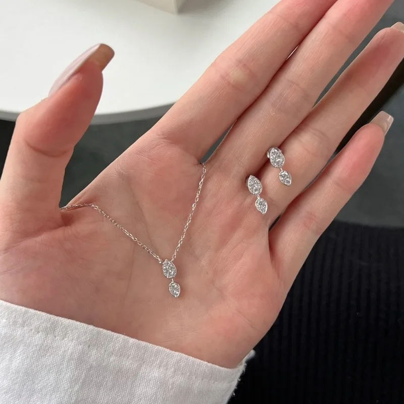 S925纯银水水滴套装女镶嵌锆石日韩时尚简约百搭梨形设计套装