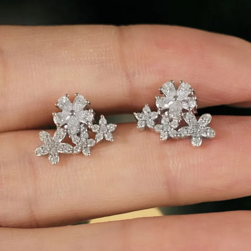 S925纯银冰晶花耳钉女镶嵌水滴形锆石日韩简约小巧花朵耳饰品