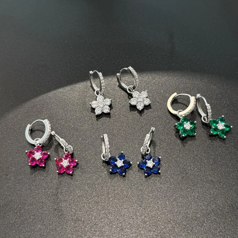 S925纯银花朵耳环女镶嵌锆石时尚个性百搭花卉耳饰品
