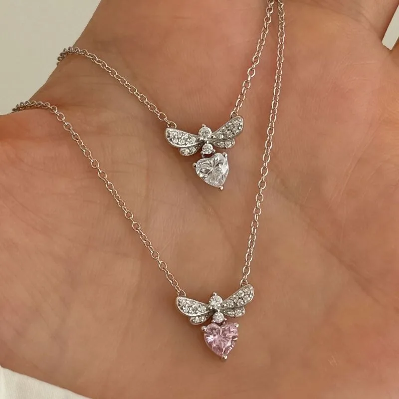 S925纯银小蜜蜂项链女镶嵌爱心锆石精致小巧个性设计风锁骨链