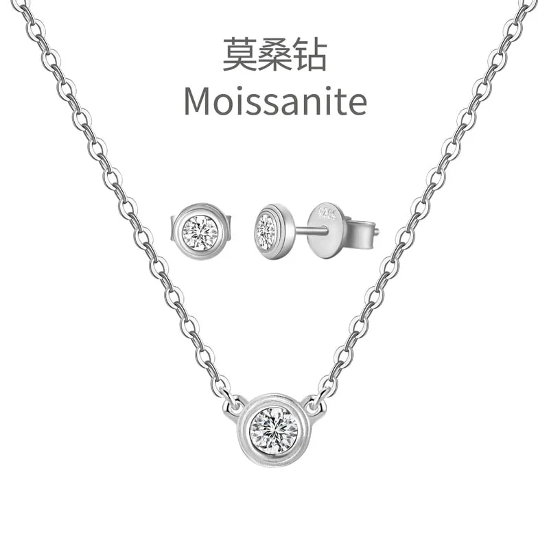 银S925时尚简约莫桑吊坠小众设计感女生气质百搭耳钉项链套装