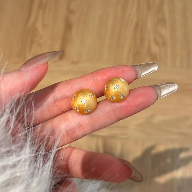 拉丝星芒耳钉S925纯银镀22K金法式中古鎏金丝绸圆形设计耳钉