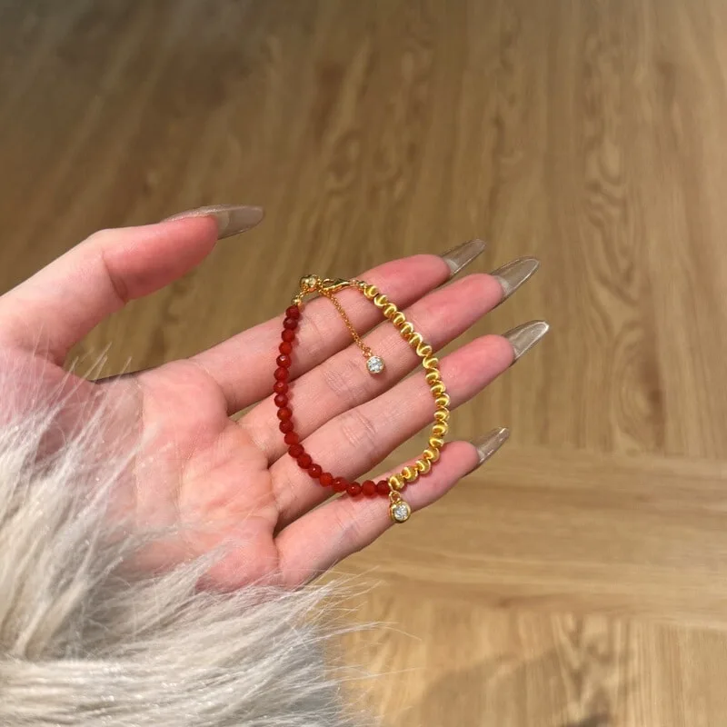S925纯银红运猫眼手链天然红玛瑙猫眼新年红手链新中式串珠