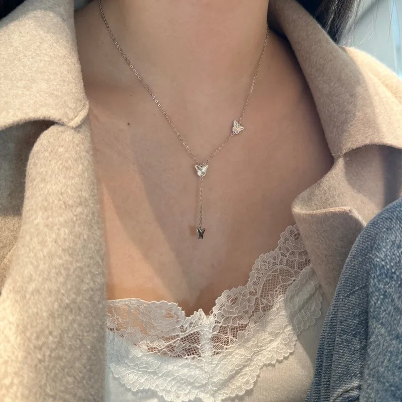 S925纯银流苏蝴蝶项链女车花镭射CNC工艺精致时尚高级设计感，细节 1