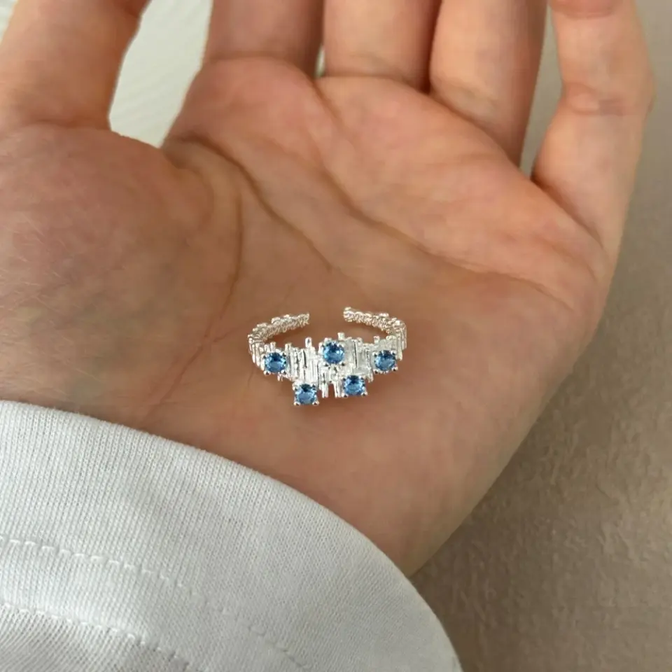 S925纯银不规则褶皱海蓝锆石肌理纹理开口戒指ins高级设计感，细节 1