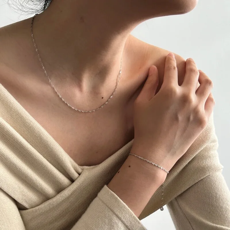 S925银水波链伸缩调节项链女简约小众无吊坠单链素链百搭极简