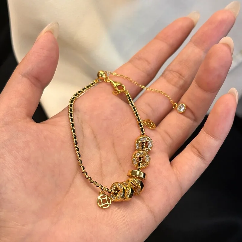 S925纯银钱多多金币手链黑绳编织镶钻手链新中式轻奢设计时尚