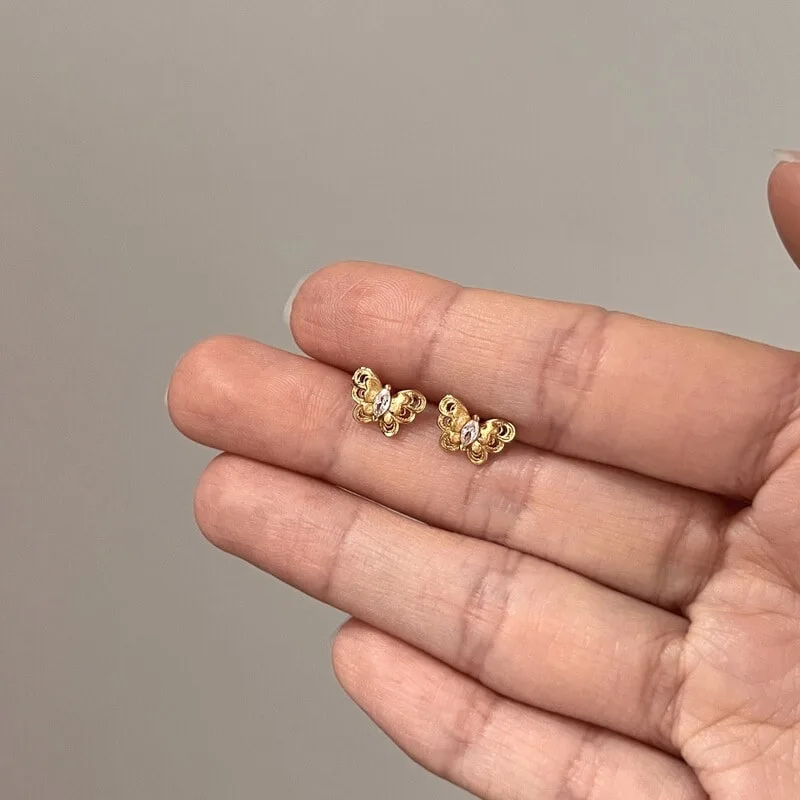 S925纯银拉丝工艺蝴蝶马眼锆小众复古耳钉精致老钱风时尚高级