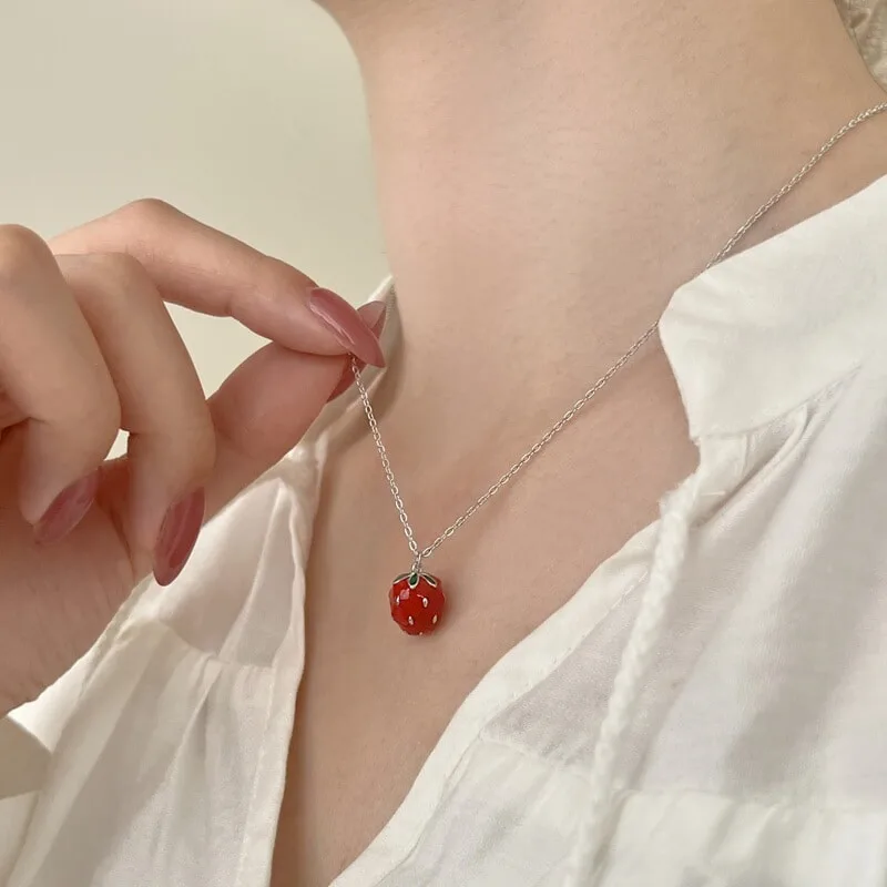 银S925草莓立体造型红色绿色滴胶设计项链童趣可爱日韩少女，细节 1