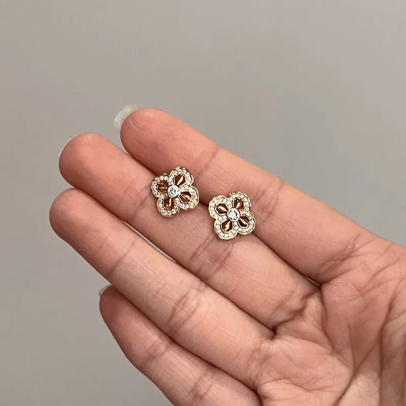 S925纯银小众设计四叶草金刚杵日韩轻奢耳钉耳饰老钱风时尚