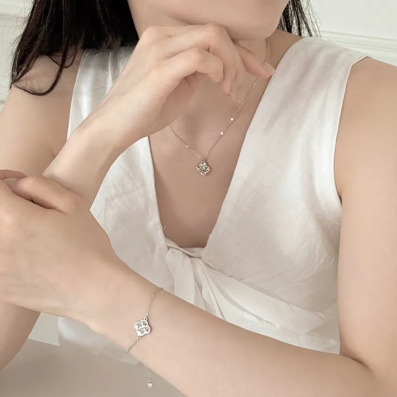 S925银波光粼粼碎冰冰四叶草吊坠轻奢日韩温柔项链手链套装，细节 1