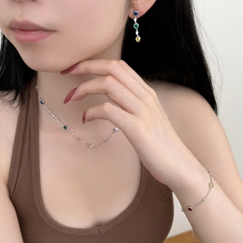 银S925心形爱心彩色白色圆锆镶嵌流苏设计套装ins日韩精致女