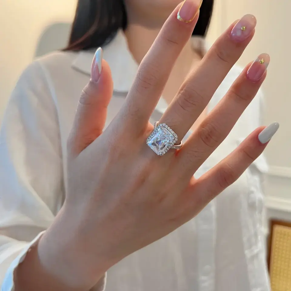 シルバー925 面取り長方形「高碳钻」のクラスターセッティングリング