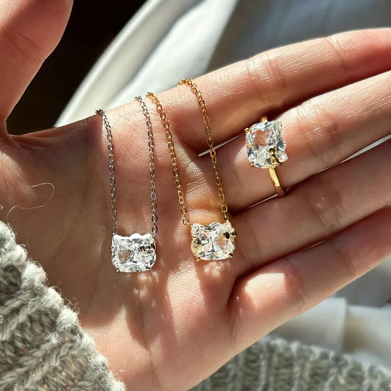 HelloKitty银S925凯蒂猫可爱轻奢套装项链戒指甜美气质精致爆闪